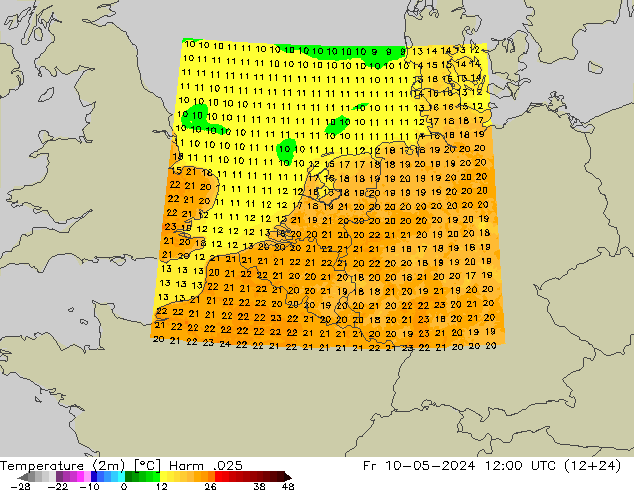 Temperatuurkaart (2m) Harm .025 vr 10.05.2024 12 UTC