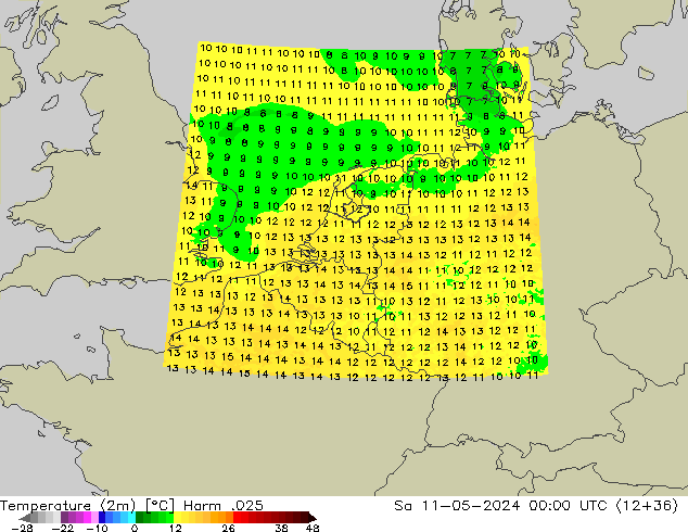 Temperatuurkaart (2m) Harm .025 za 11.05.2024 00 UTC