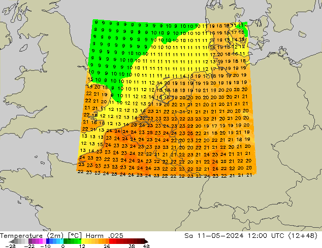 mapa temperatury (2m) Harm .025 so. 11.05.2024 12 UTC