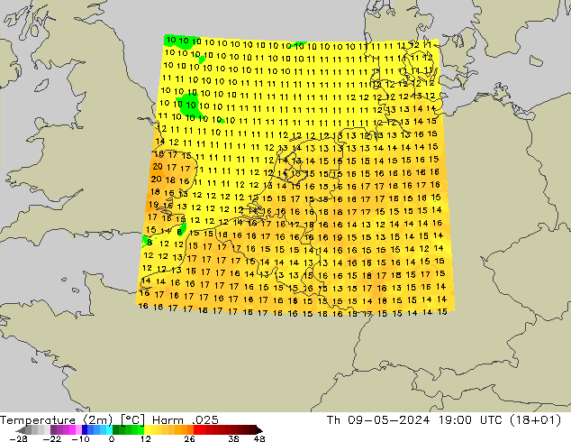 Temperaturkarte (2m) Harm .025 Do 09.05.2024 19 UTC