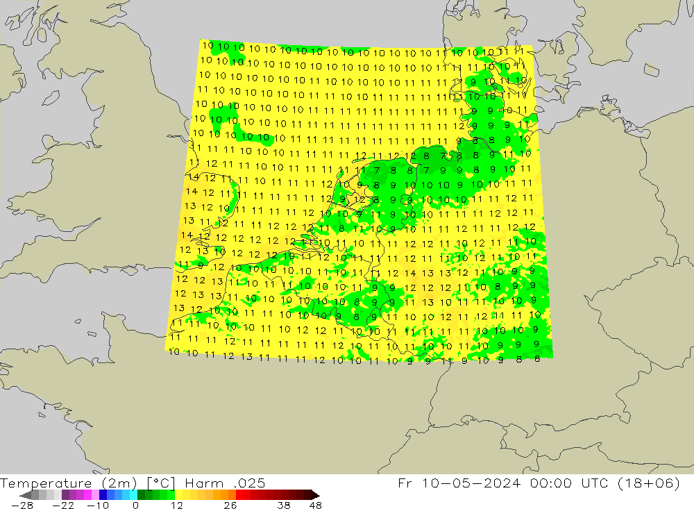 mapa temperatury (2m) Harm .025 pt. 10.05.2024 00 UTC