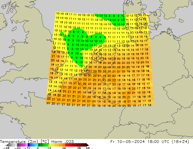 Temperatura (2m) Harm .025 ven 10.05.2024 18 UTC