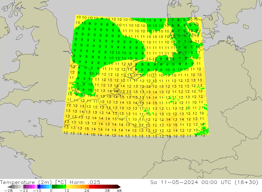 Temperatura (2m) Harm .025 sab 11.05.2024 00 UTC