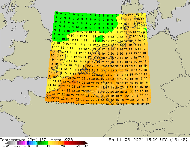 mapa temperatury (2m) Harm .025 so. 11.05.2024 18 UTC