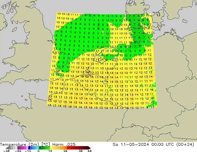 Temperatuurkaart (2m) Harm .025 za 11.05.2024 00 UTC