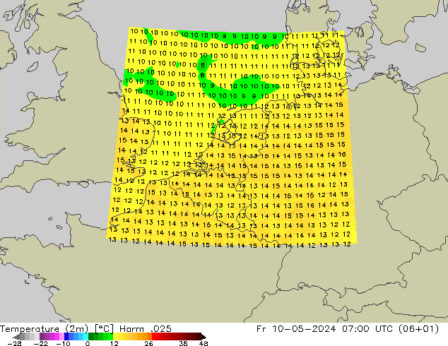 Temperaturkarte (2m) Harm .025 Fr 10.05.2024 07 UTC