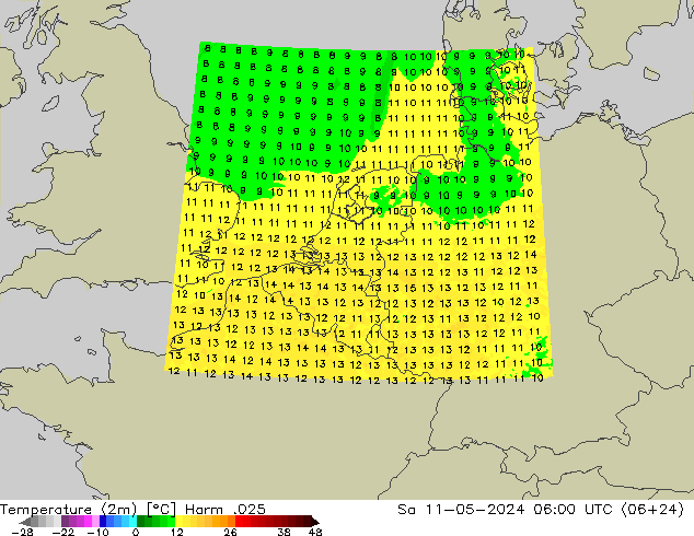 mapa temperatury (2m) Harm .025 so. 11.05.2024 06 UTC