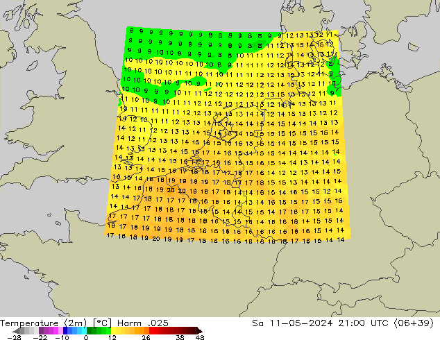 Temperatuurkaart (2m) Harm .025 za 11.05.2024 21 UTC