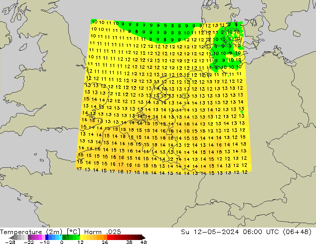 mapa temperatury (2m) Harm .025 nie. 12.05.2024 06 UTC