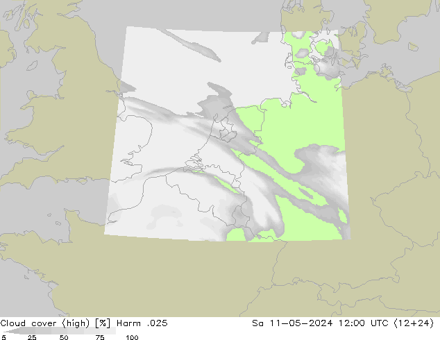 Cloud cover (high) Harm .025 Sa 11.05.2024 12 UTC