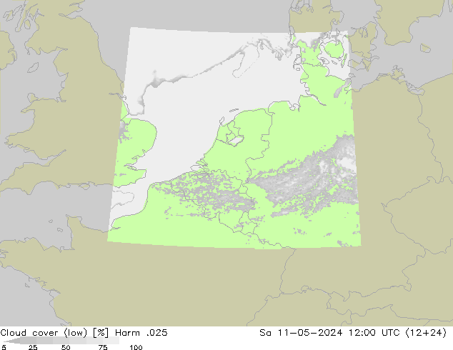 Cloud cover (low) Harm .025 Sa 11.05.2024 12 UTC