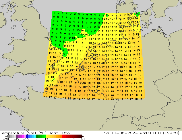 Temperaturkarte (2m) Harm .025 Sa 11.05.2024 08 UTC