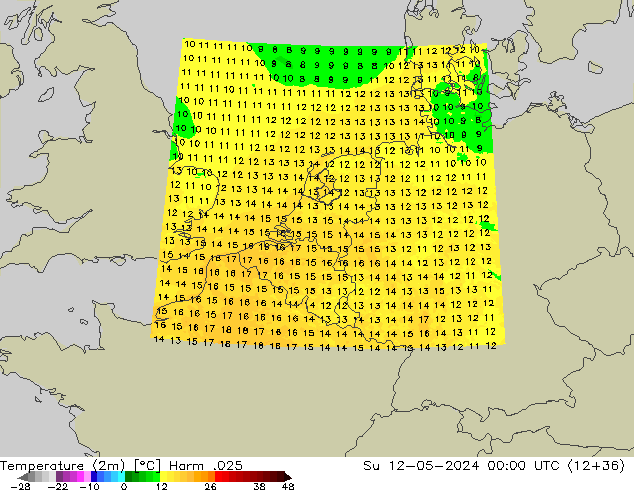 Temperatuurkaart (2m) Harm .025 zo 12.05.2024 00 UTC