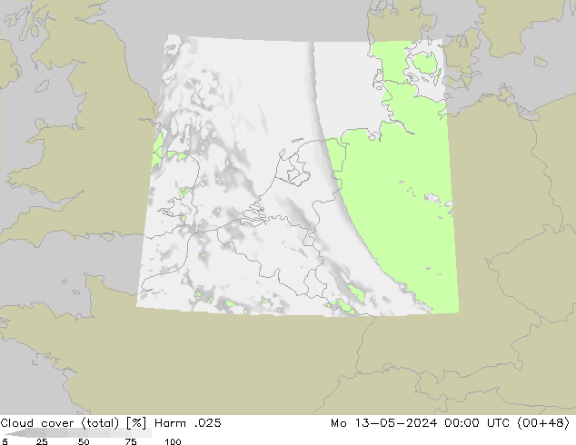 Cloud cover (total) Harm .025 Mo 13.05.2024 00 UTC