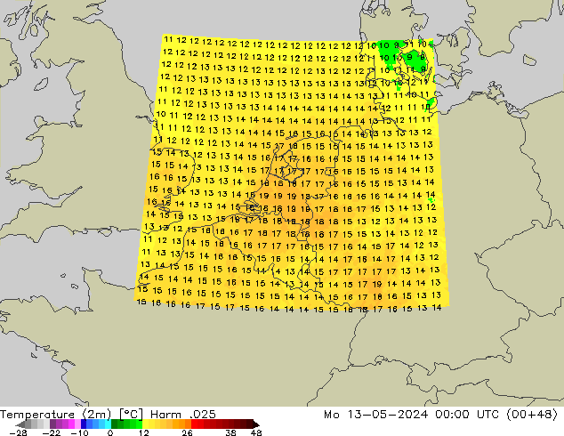 Temperatuurkaart (2m) Harm .025 ma 13.05.2024 00 UTC