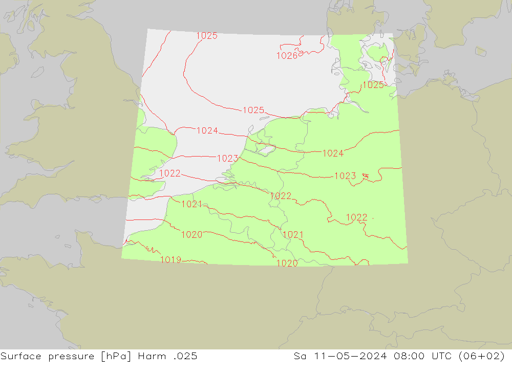 地面气压 Harm .025 星期六 11.05.2024 08 UTC