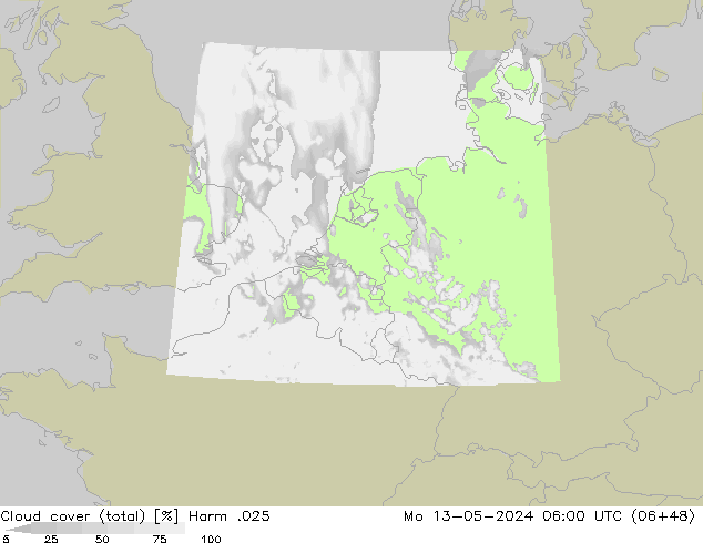 Cloud cover (total) Harm .025 Mo 13.05.2024 06 UTC
