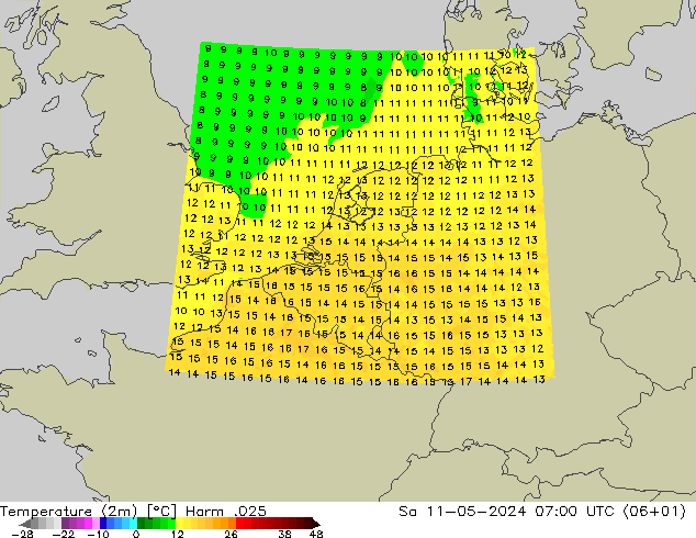 mapa temperatury (2m) Harm .025 so. 11.05.2024 07 UTC
