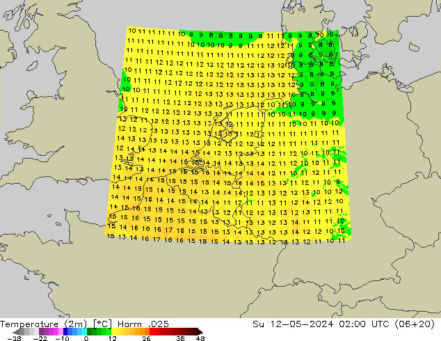 Sıcaklık Haritası (2m) Harm .025 Paz 12.05.2024 02 UTC