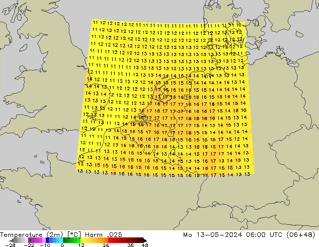 mapa temperatury (2m) Harm .025 pon. 13.05.2024 06 UTC