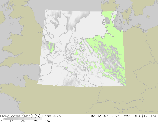 Cloud cover (total) Harm .025 Po 13.05.2024 12 UTC