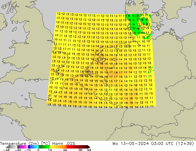 Temperatuurkaart (2m) Harm .025 ma 13.05.2024 03 UTC