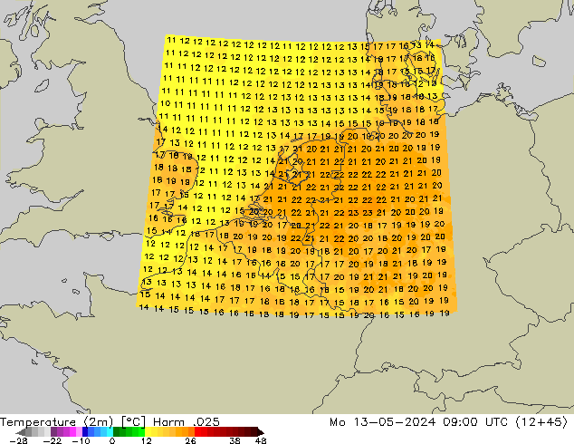 Temperatuurkaart (2m) Harm .025 ma 13.05.2024 09 UTC