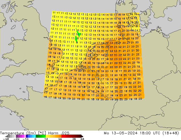 Temperatuurkaart (2m) Harm .025 ma 13.05.2024 18 UTC