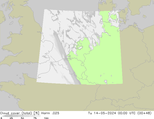 Cloud cover (total) Harm .025 Tu 14.05.2024 00 UTC
