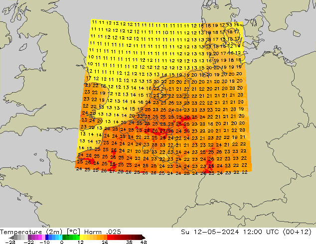 Temperatuurkaart (2m) Harm .025 zo 12.05.2024 12 UTC