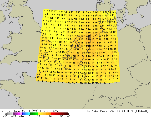 mapa temperatury (2m) Harm .025 wto. 14.05.2024 00 UTC