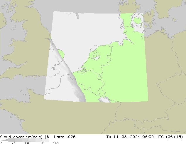 Cloud cover (middle) Harm .025 Tu 14.05.2024 06 UTC