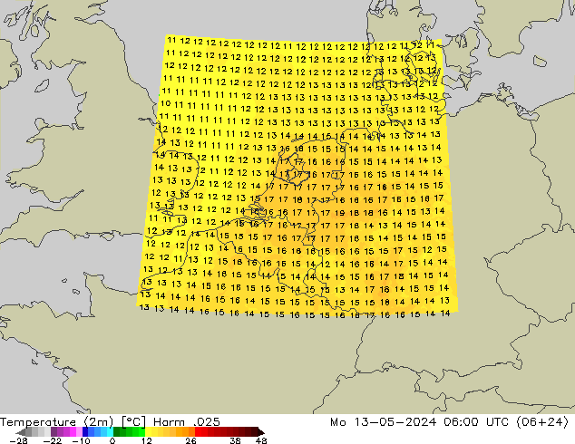 Temperaturkarte (2m) Harm .025 Mo 13.05.2024 06 UTC