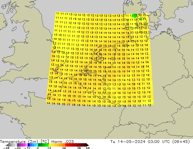 Temperatuurkaart (2m) Harm .025 di 14.05.2024 03 UTC