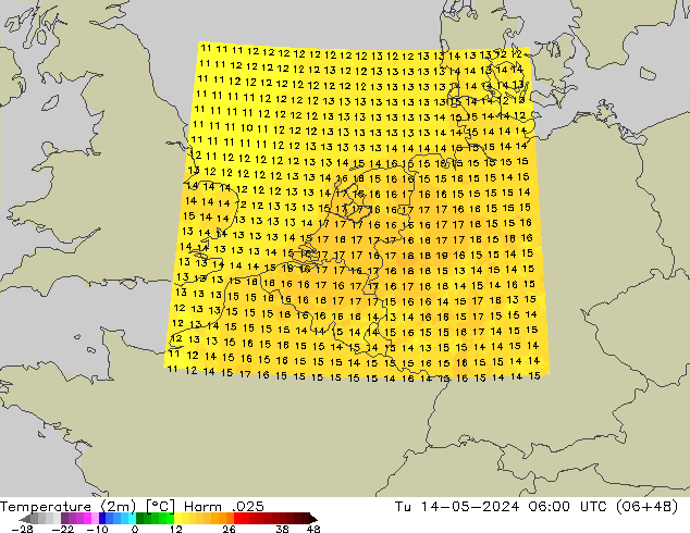 mapa temperatury (2m) Harm .025 wto. 14.05.2024 06 UTC