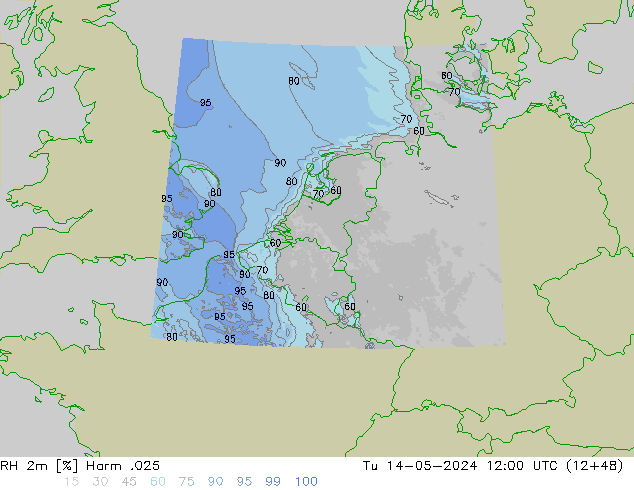 Humedad rel. 2m Harm .025 mar 14.05.2024 12 UTC