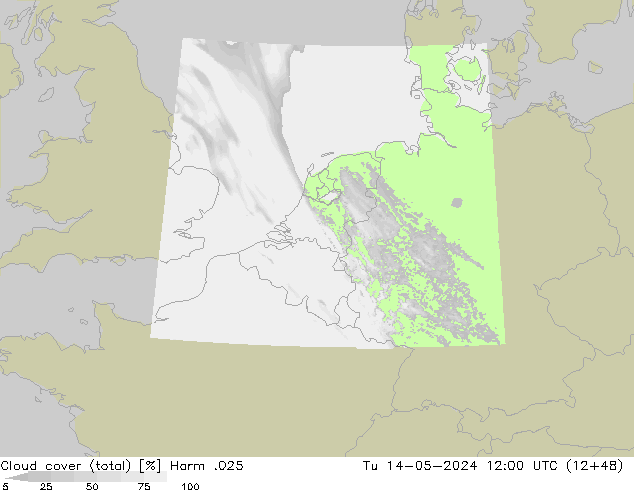 Cloud cover (total) Harm .025 Út 14.05.2024 12 UTC