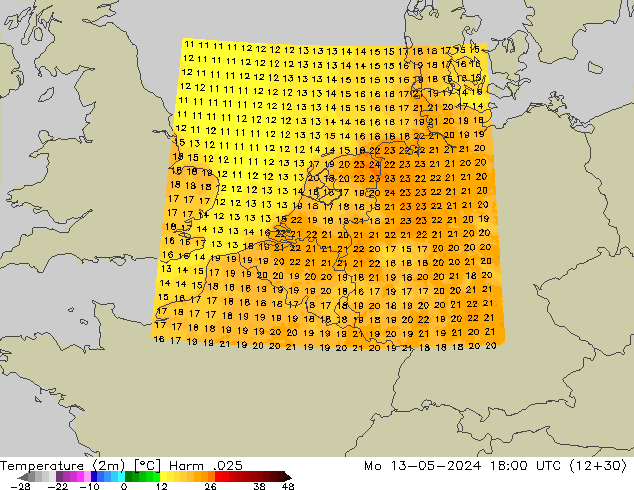 Sıcaklık Haritası (2m) Harm .025 Pzt 13.05.2024 18 UTC