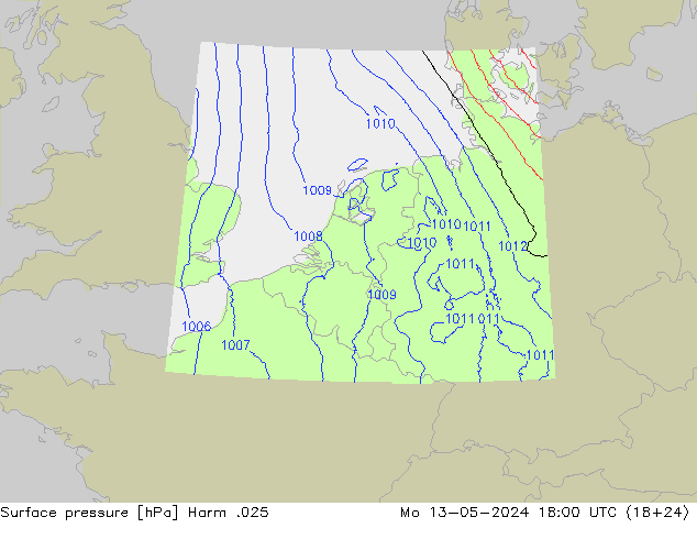 地面气压 Harm .025 星期一 13.05.2024 18 UTC