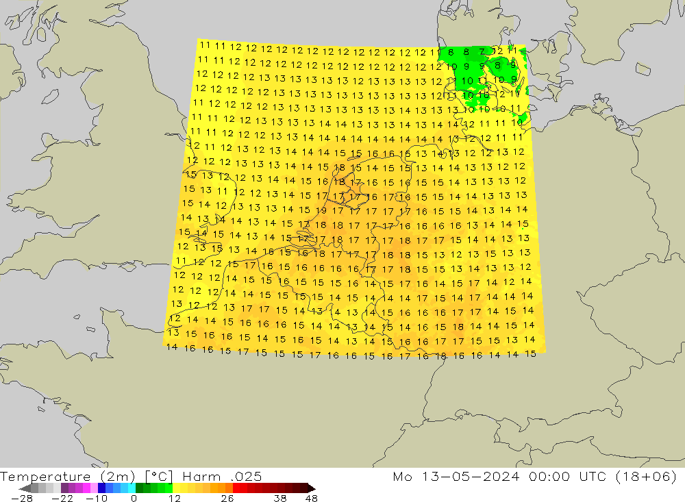 Temperaturkarte (2m) Harm .025 Mo 13.05.2024 00 UTC