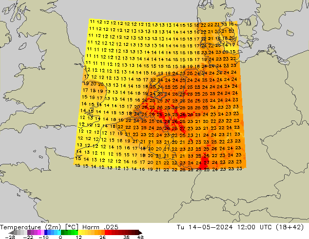 Temperaturkarte (2m) Harm .025 Di 14.05.2024 12 UTC