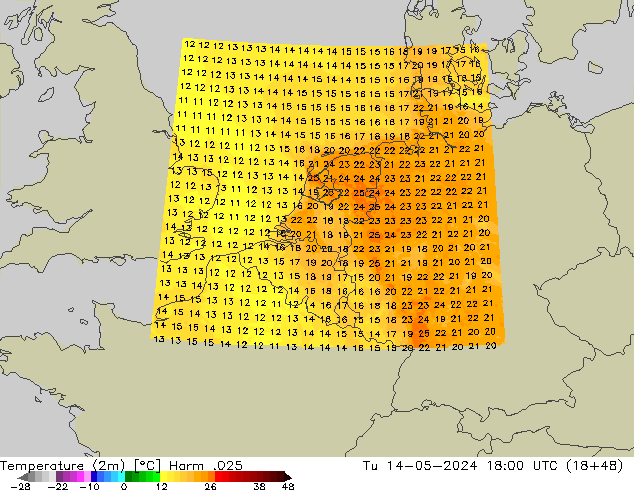 Temperatuurkaart (2m) Harm .025 di 14.05.2024 18 UTC