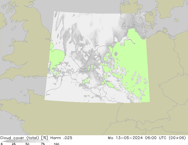 Cloud cover (total) Harm .025 Mo 13.05.2024 06 UTC