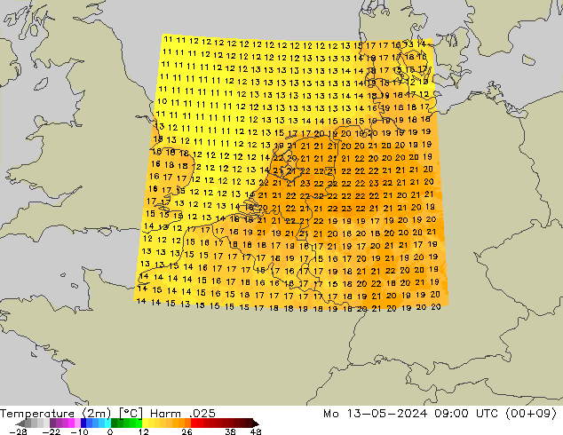 Temperaturkarte (2m) Harm .025 Mo 13.05.2024 09 UTC