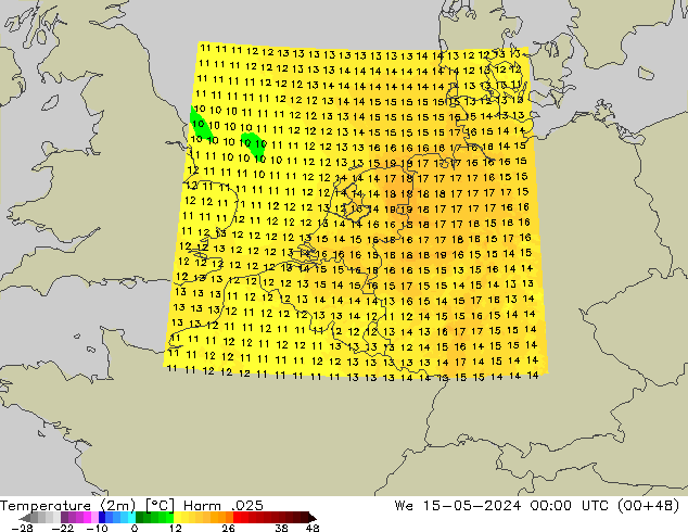 Temperatuurkaart (2m) Harm .025 wo 15.05.2024 00 UTC