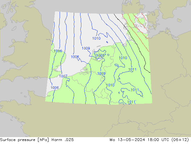 地面气压 Harm .025 星期一 13.05.2024 18 UTC