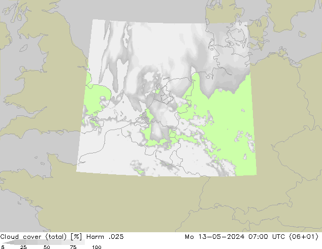 Cloud cover (total) Harm .025 Mo 13.05.2024 07 UTC