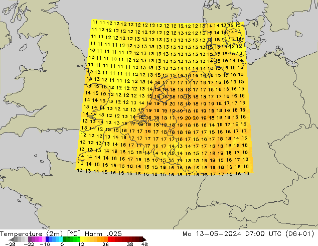 Temperature (2m) Harm .025 Mo 13.05.2024 07 UTC
