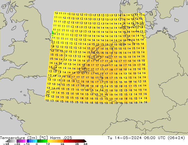 Temperatuurkaart (2m) Harm .025 di 14.05.2024 06 UTC