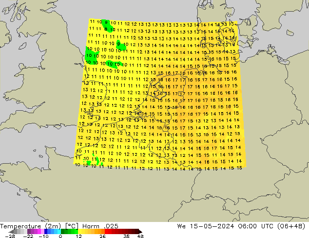 Temperatuurkaart (2m) Harm .025 wo 15.05.2024 06 UTC